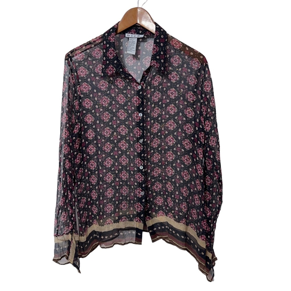 Bice Sheer Silk Shirt with Rhinestones Womens Size 16 Fall Casual